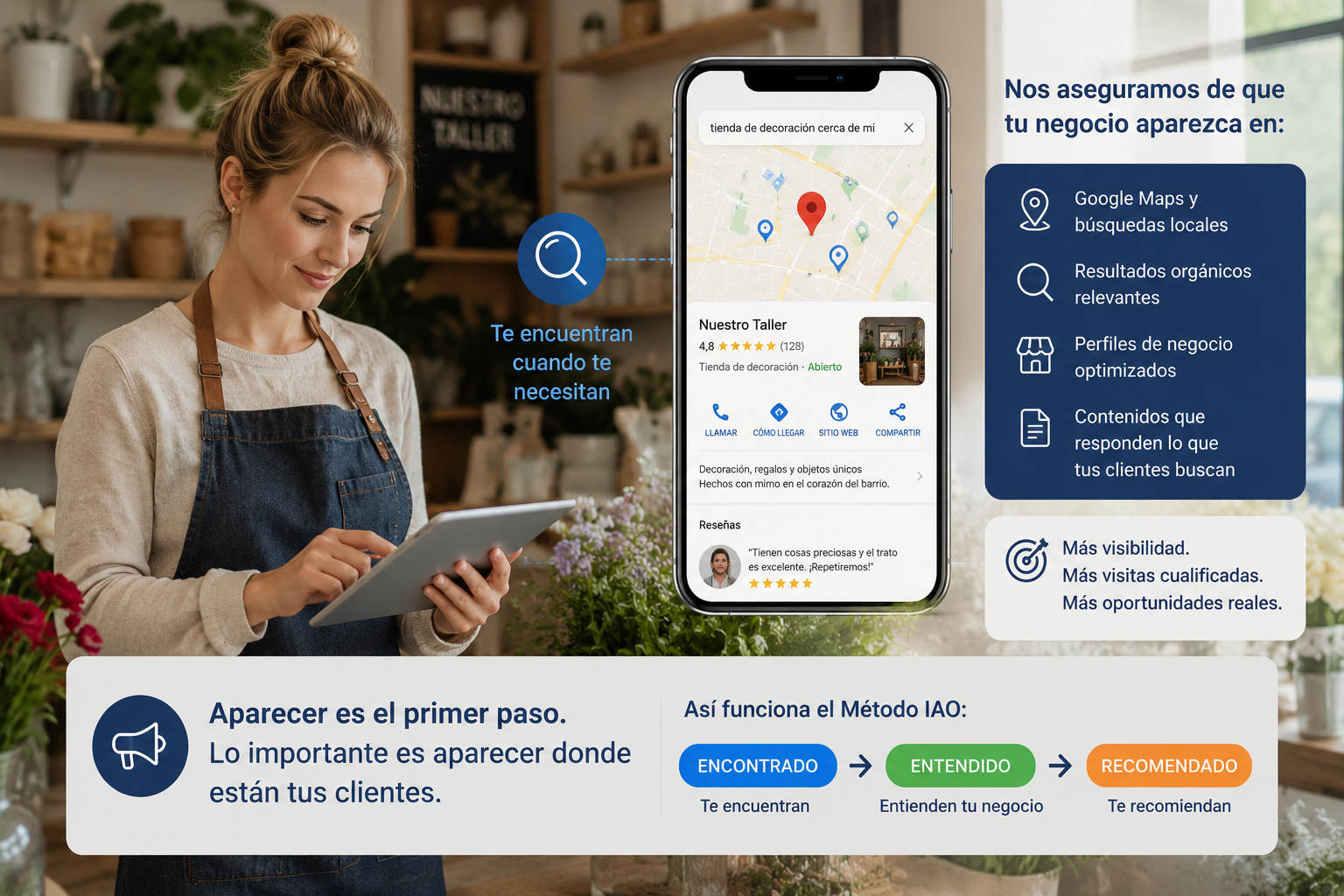 Negocio local mejorando su visibilidad online mediante SEO local, Google Maps y optimización IAO para aparecer en búsquedas relevantes y atraer clientes.