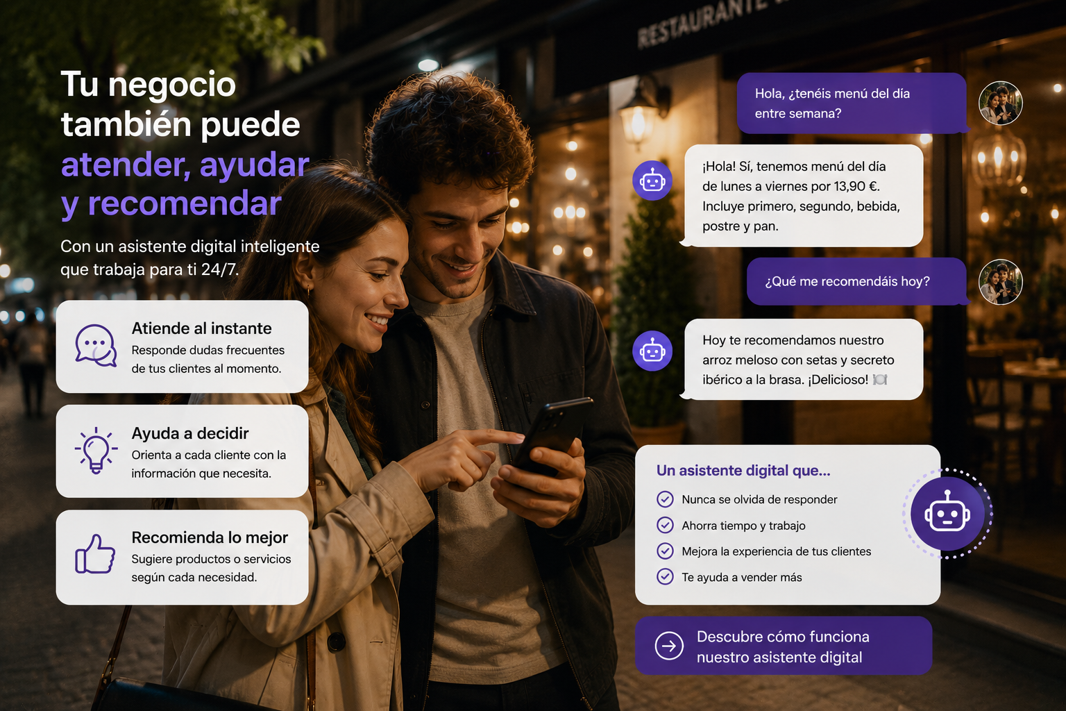 Optimización IAO: Usuarios utilizando un asistente inteligente para consultar información y recomendaciones de un restaurante desde el móvil.