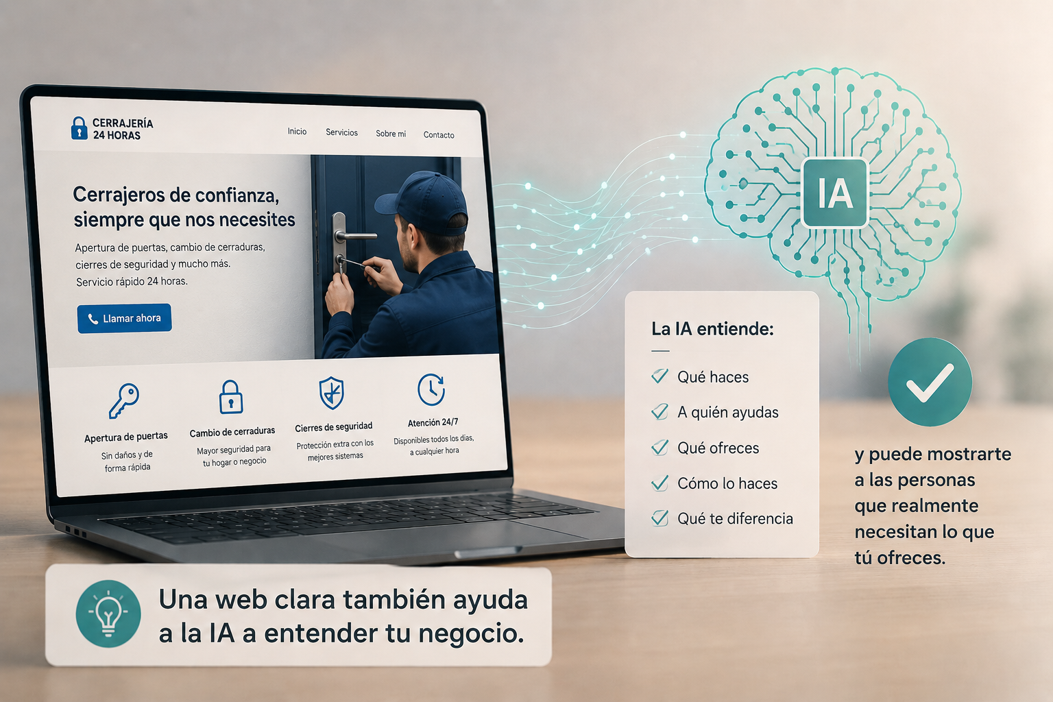 Página web de un cerrajero preparada para que Google y las inteligencias artificiales comprendan el negocio, sus servicios y a quién ayuda.